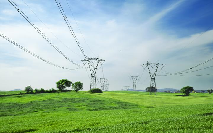 An image showing large powerlines running across several large green paddocks.